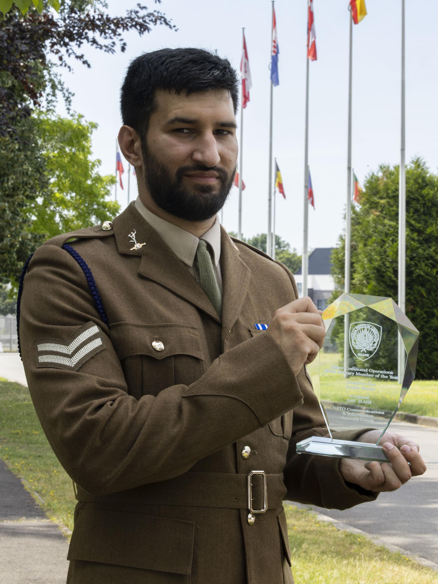 Cpl Ilahi has been recognised for outstanding service, receiving the prestigious Allied Command Operations (ACO) Military Member of the Year award